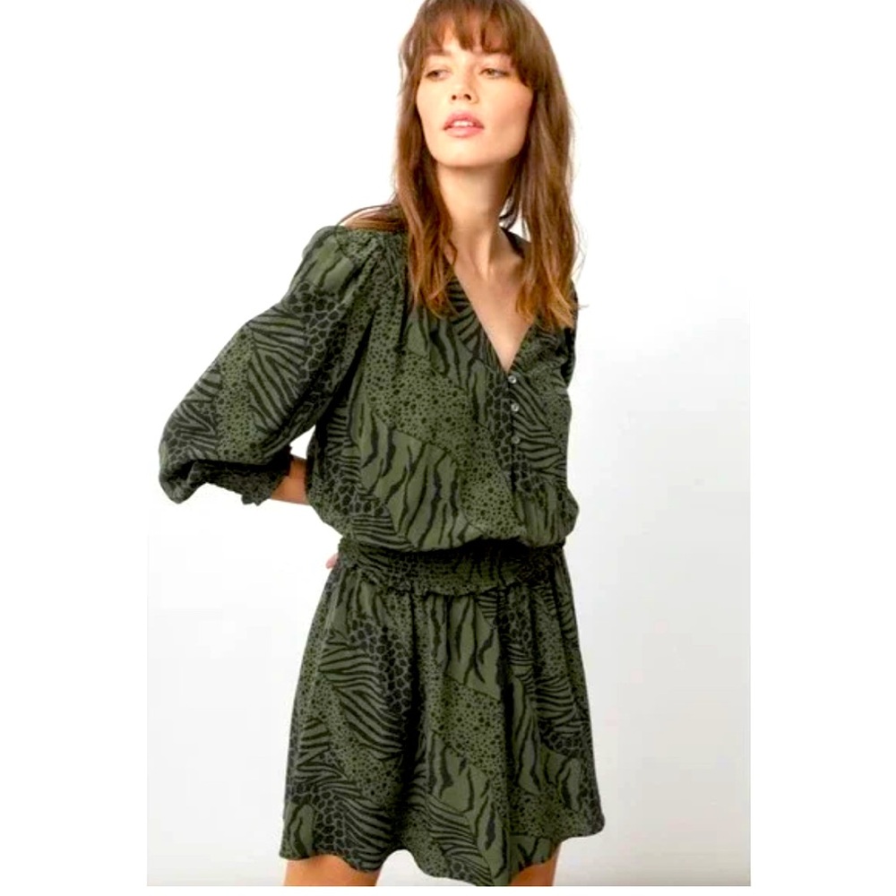 RAILS Zana Dress Olive Mixed Animal Stripe Smocked Mini Dress Size S
